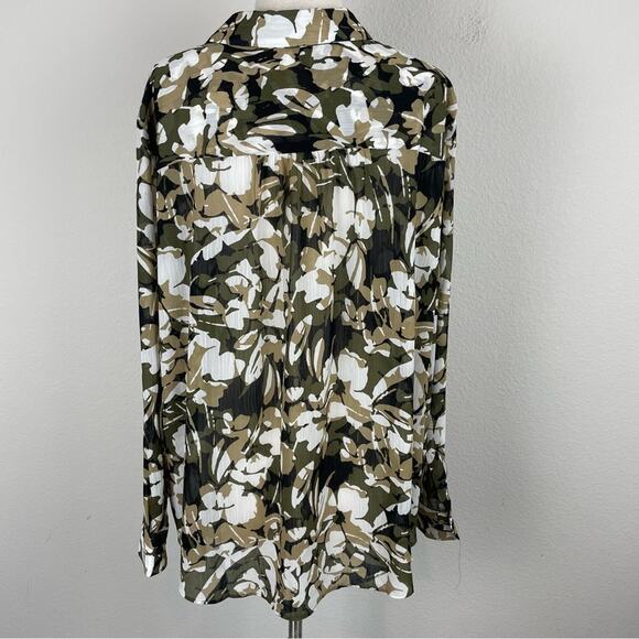 Chico's Olive Tan White Floral Semi Sheer Long Sleeve Top 4 - Picture 5 of 9